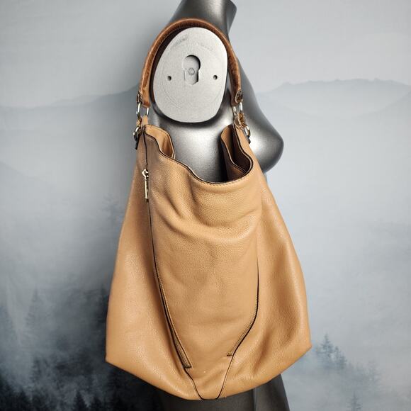 Rebecca Minkoff Pebbled Leather Camel Brown V-Zipper Hobo Shoulder Bag - Picture 1 of 15